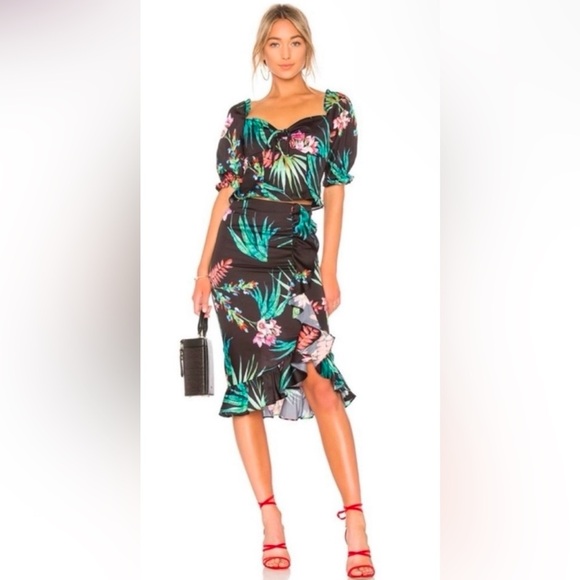 NWT Lovers + Friends Women’s‎ Black Floral Tropical Cropped Top Midi Skirt Small - Picture 1 of 8
